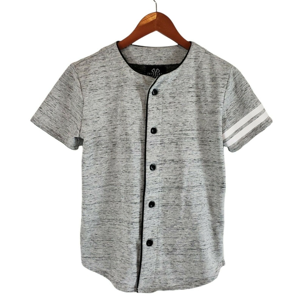 Jay Walker Boys Gray Short Sleeve Button Down Shirt Size M Collarless Baseball - Picture 7 of 7